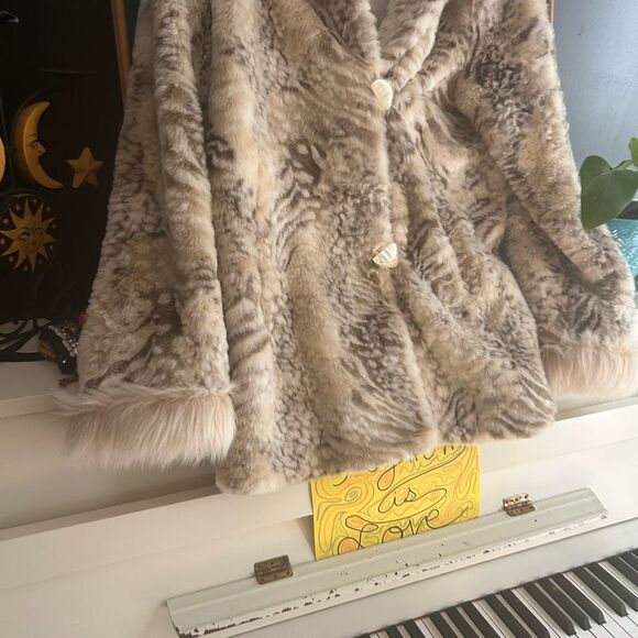 VTG! Nuage Collection Cream Faux Fur Hooded Coat Tiger Print L/G 90s Cozy Glam - Picture 6 of 15